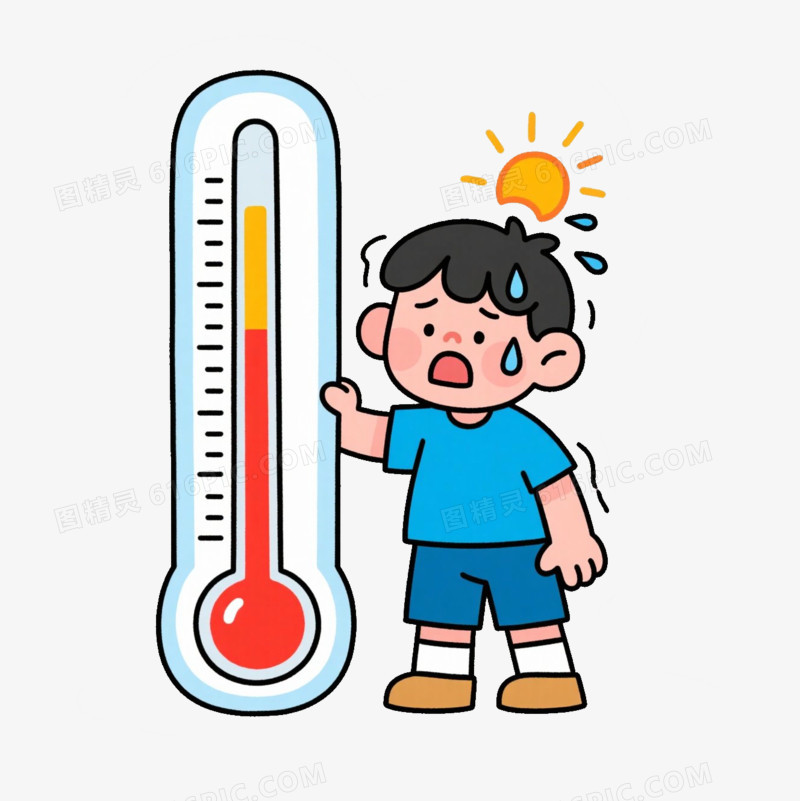 插画小男孩扶着高温温度计在流汗免抠元素