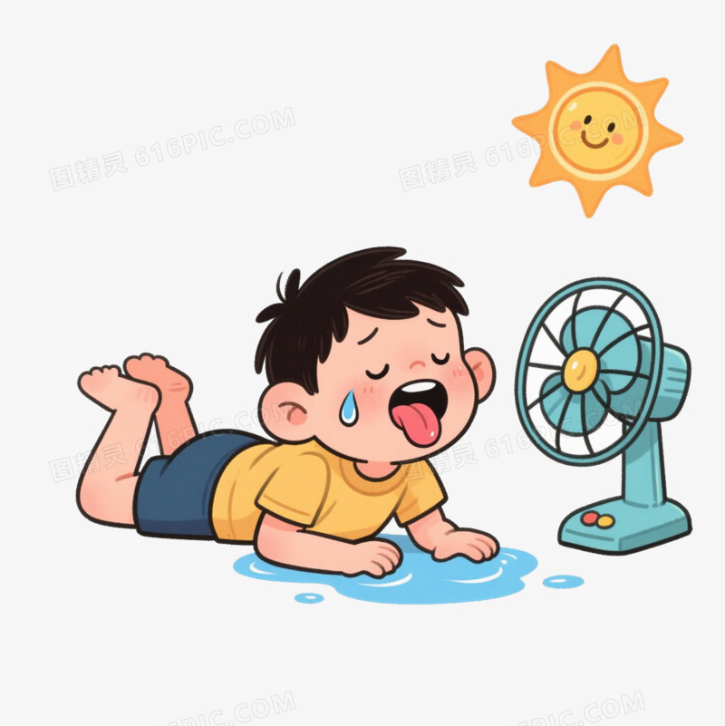 插画大太阳下流汗的小男孩吹着电风扇免抠元素
