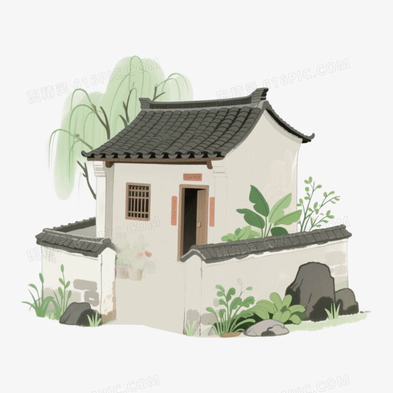 水粉村屋农村农家小院免抠元素