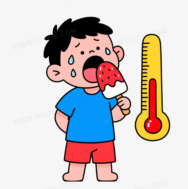 插画吃雪糕的小男孩和高温温度计免抠元素