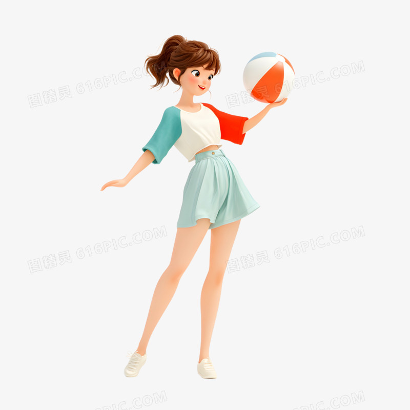 3D卡通夏天人物打沙滩球免抠元素