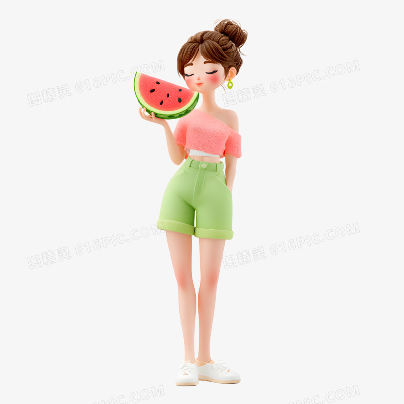 3D卡通夏天人物美女吃西瓜免抠元素