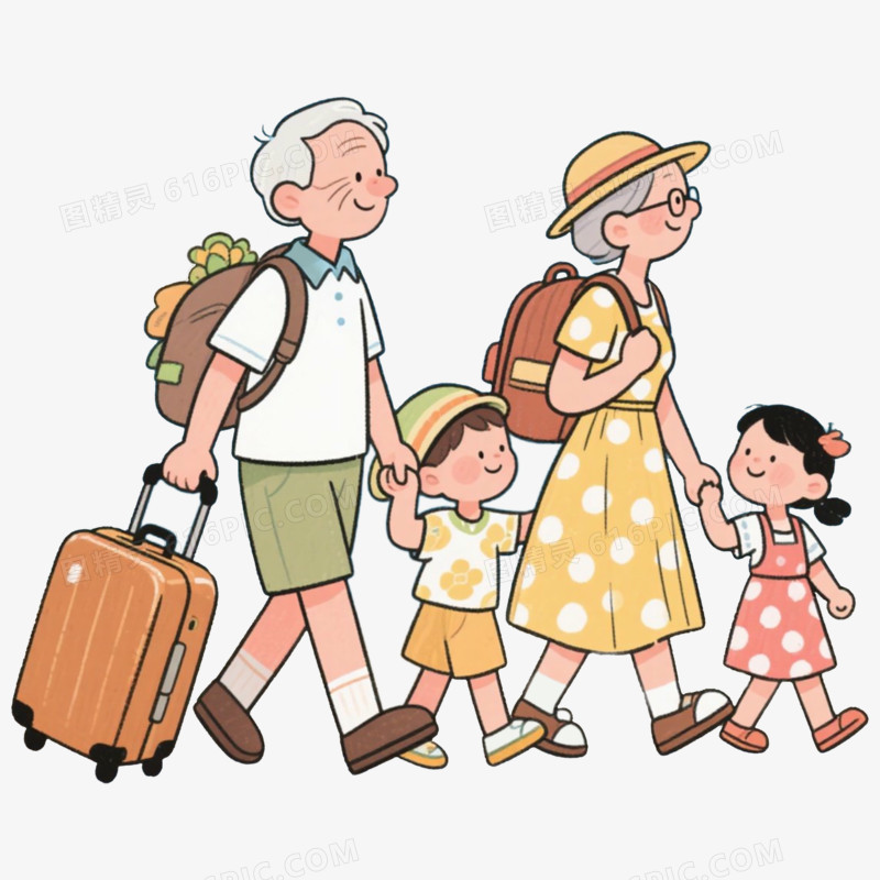 爷爷奶奶孙子孙女出发旅游踏青郊游情侣免抠元素