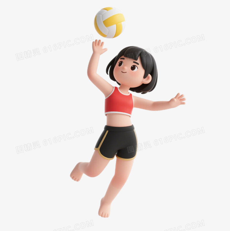 3D卡通打排球的小女孩免抠元素