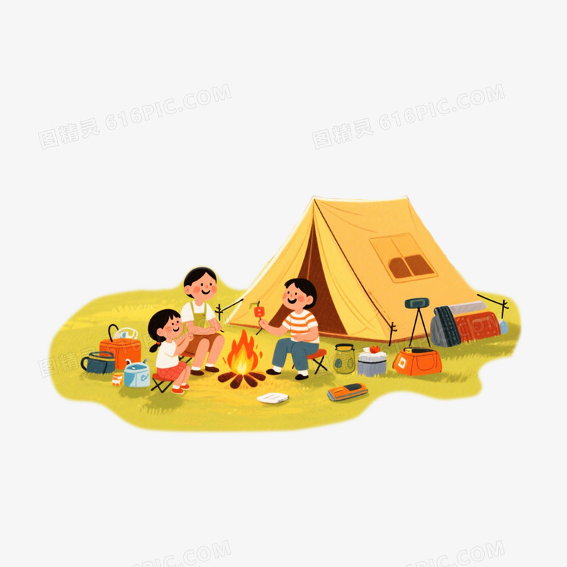 卡通手绘插画风格夏季旅游出游露营自驾游免抠元素