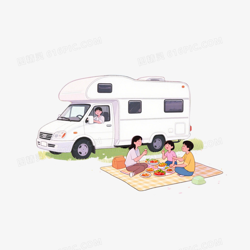 卡通手绘插画风格夏季旅游出游露营自驾游免抠元素