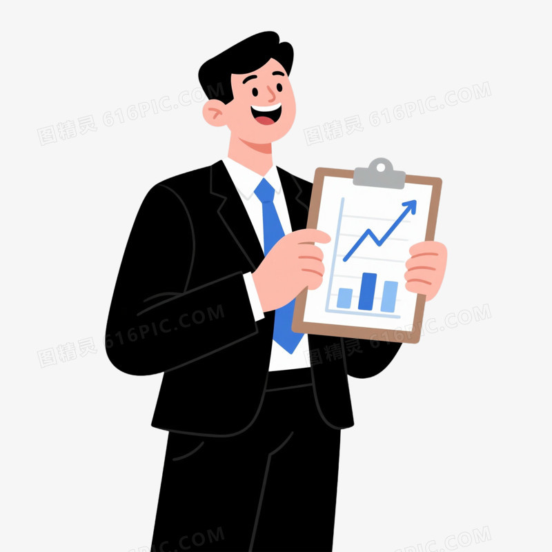 手绘卡通穿西装的男人拿着业绩表免抠元素