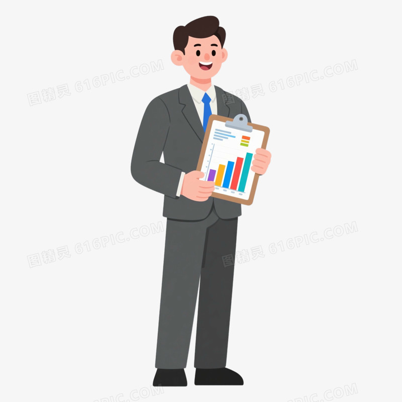 手绘卡通穿西装的男人拿着业绩表免抠元素