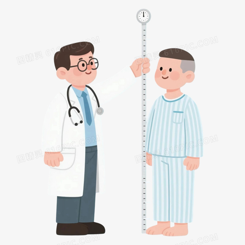 手绘卡通医生在给病人量身高