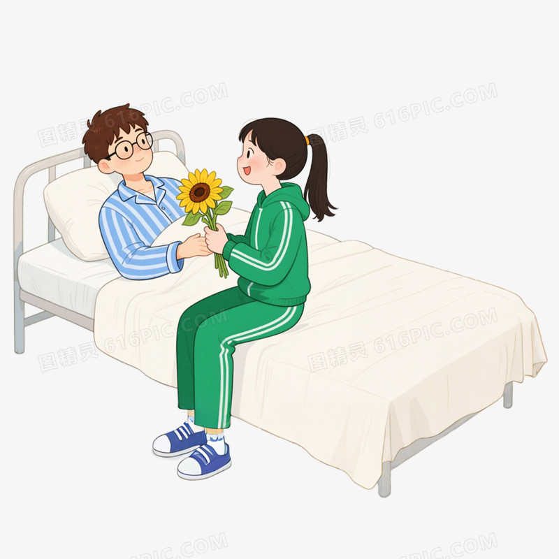 手绘插画风格医院探望病人接病人出院免抠元素