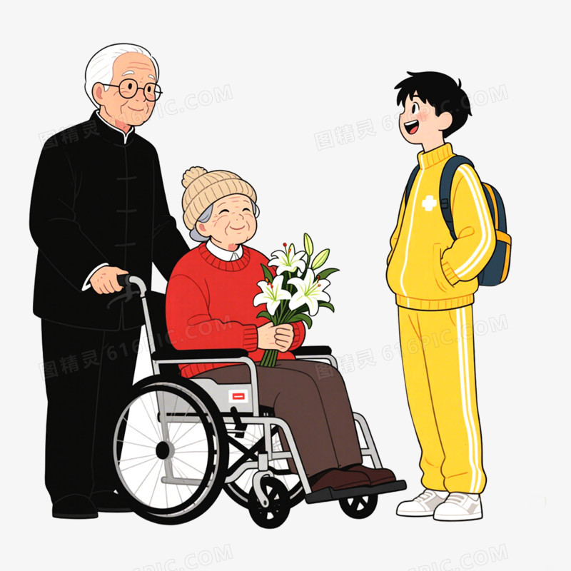 手绘插画风格医院探望病人接病人出院免抠元素
