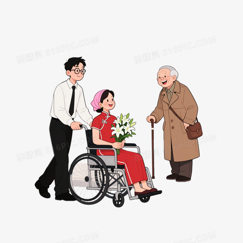 手绘插画风格医院探望病人接病人出院免抠元素