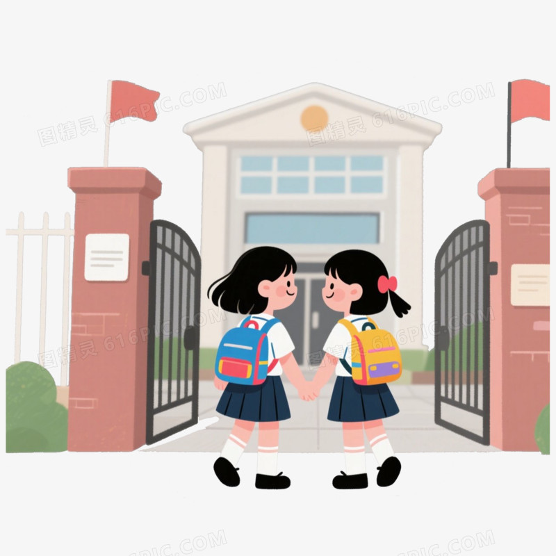 校园校门口学生读书上学场景免抠元素