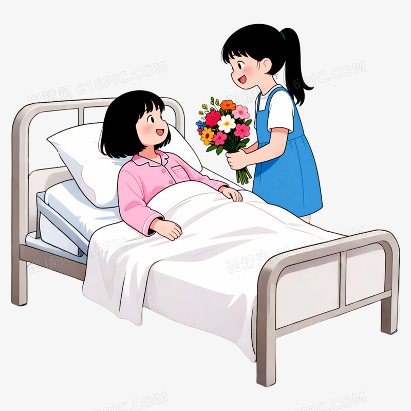 手绘插画风格医院探望病人接病人出院免抠元素