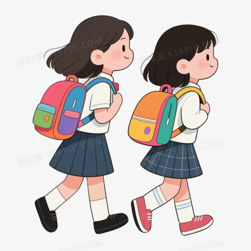 女孩学生读书上学场景免抠元素