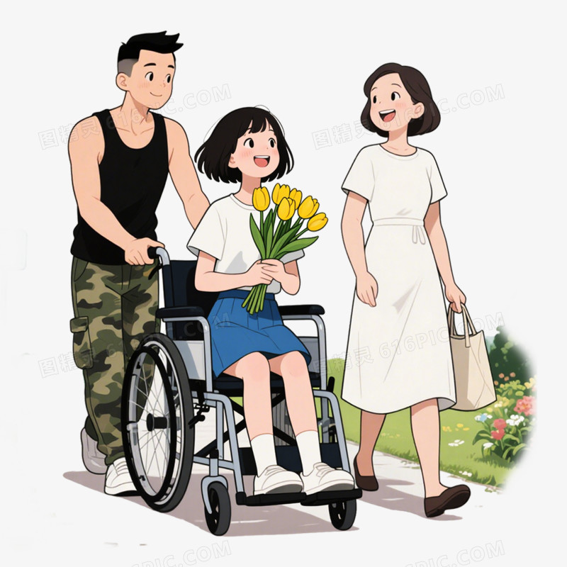 手绘插画风格医院探望病人接病人出院免抠元素