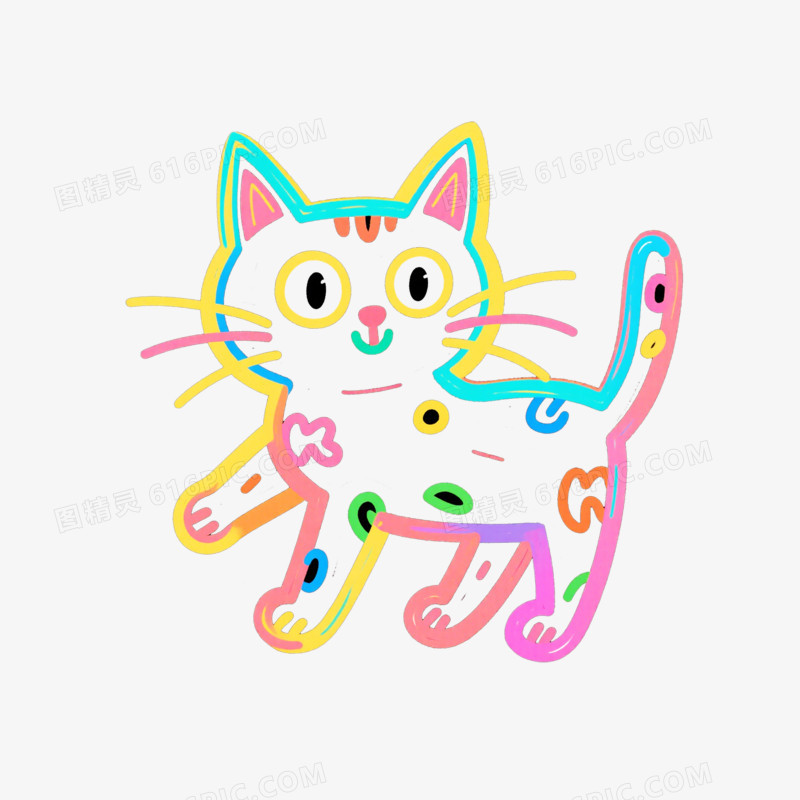 彩色简笔画风小猫免抠元素