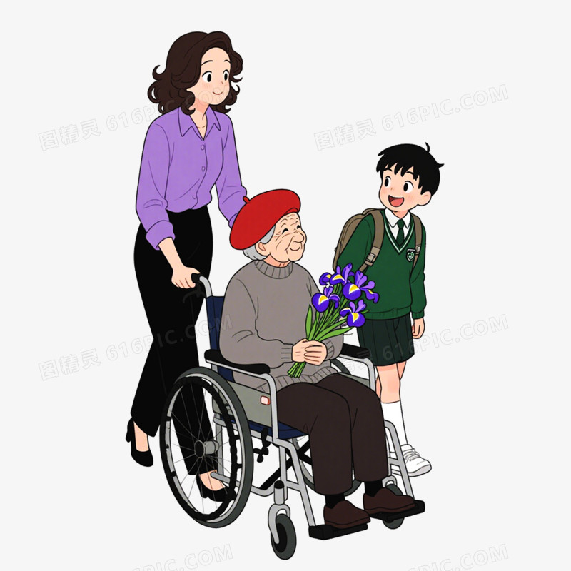 手绘插画风格医院探望病人接病人出院免抠元素
