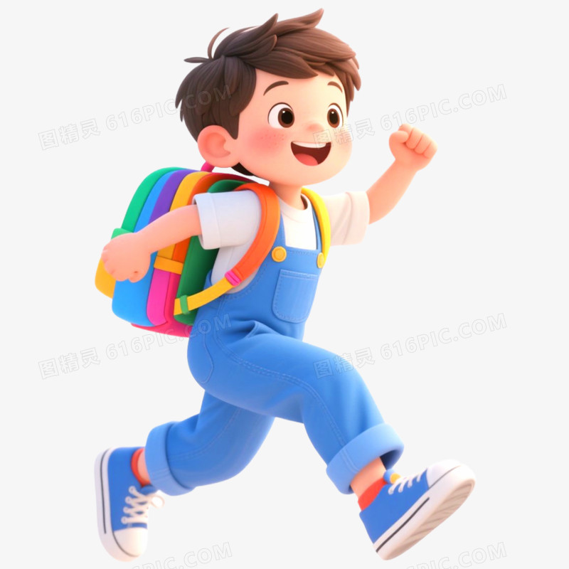 手绘插画小朋友背书包上学免抠元素