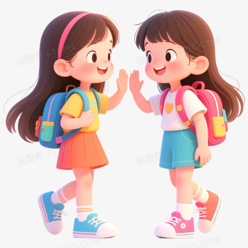 手绘插画小朋友上学打招呼免抠元素