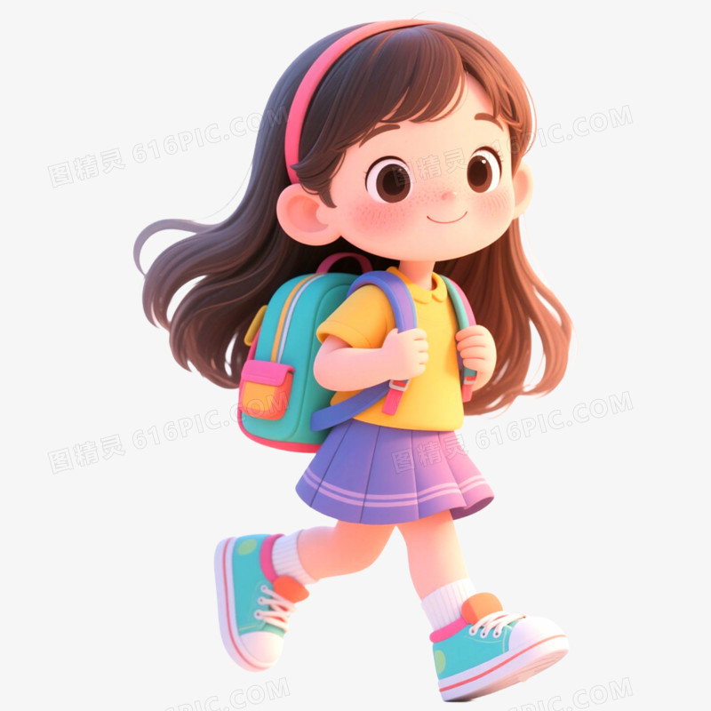 手绘插画小朋友背书包上学免抠元素