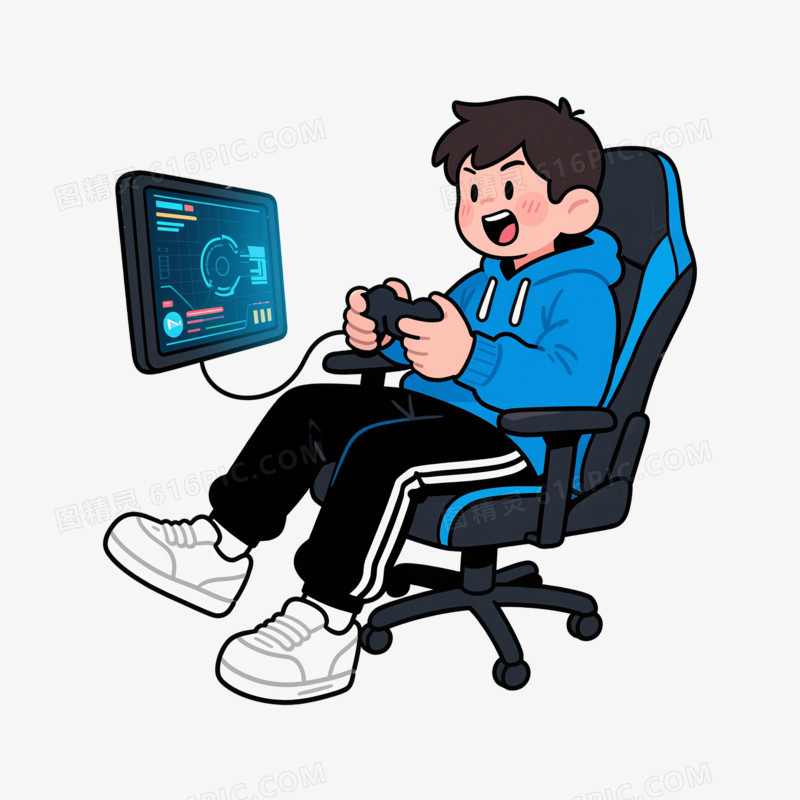 插画风打游戏的男生免抠元素