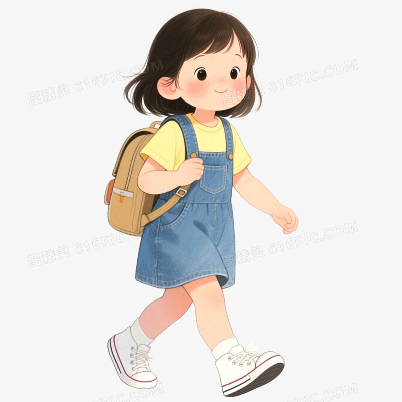 手绘插画小朋友背书包上学免抠元素