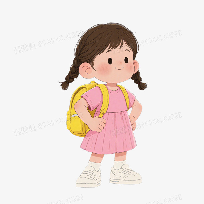 插画风背书包的小女孩免抠元素