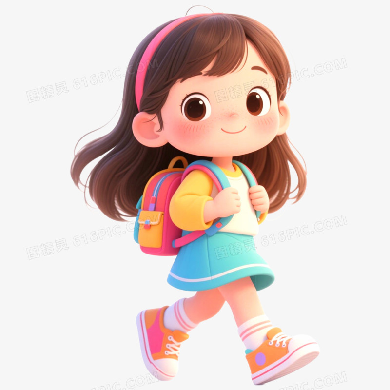 手绘插画小朋友背书包上学免抠元素