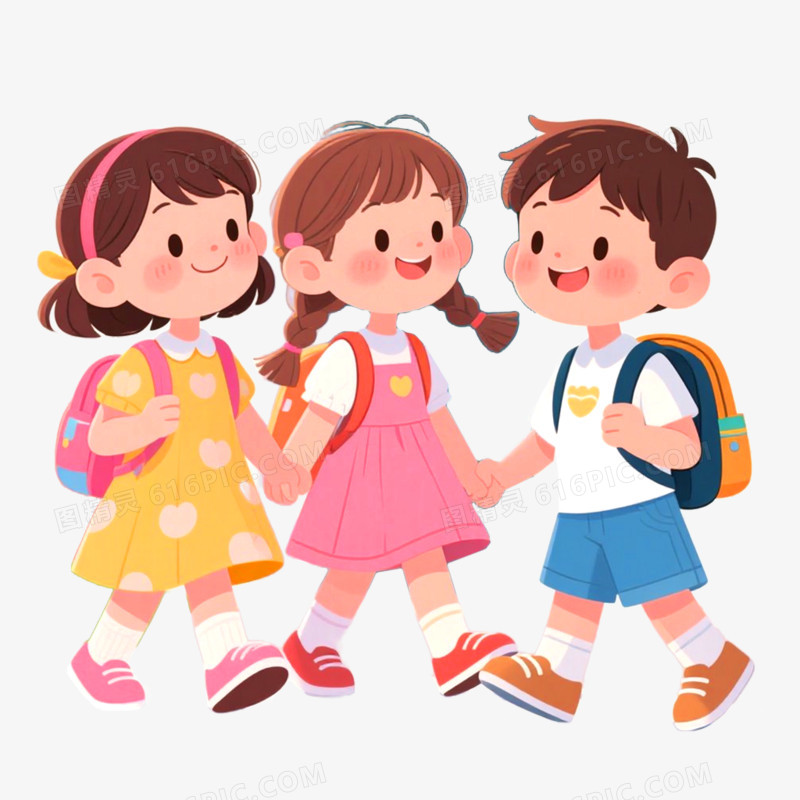 手绘插画小朋友上学打招呼免抠元素