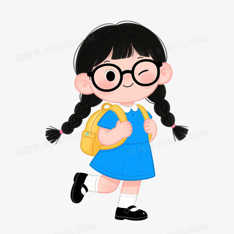 插画风背书包戴眼镜的小女孩免抠元素