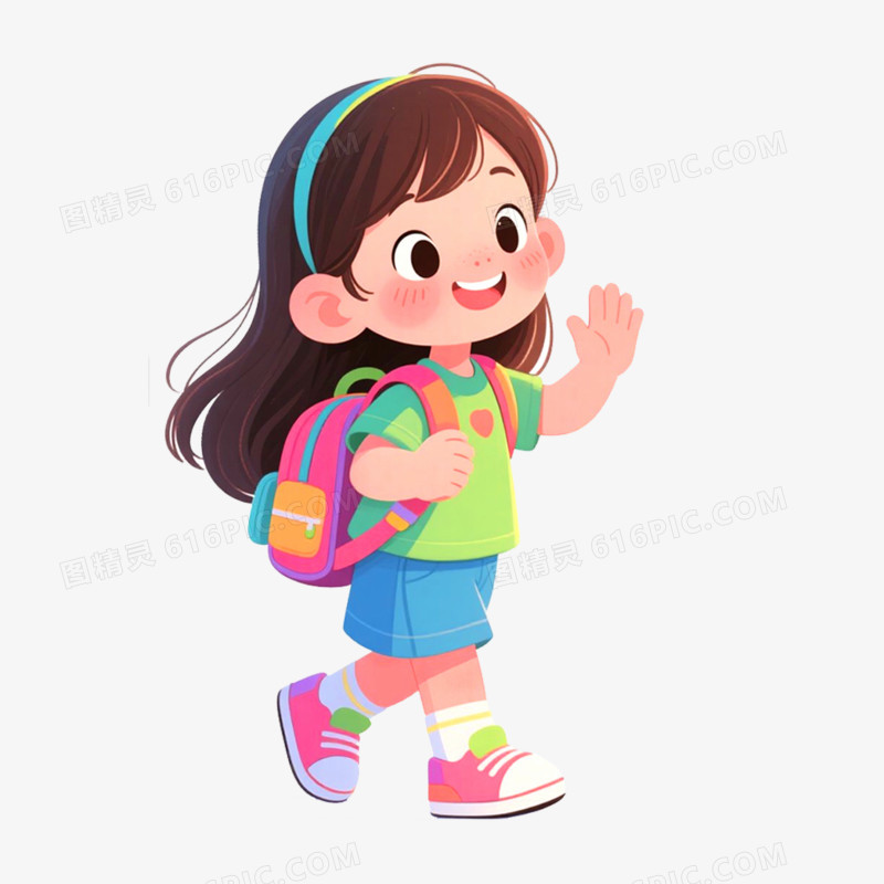 手绘插画小朋友上学打招呼免抠元素