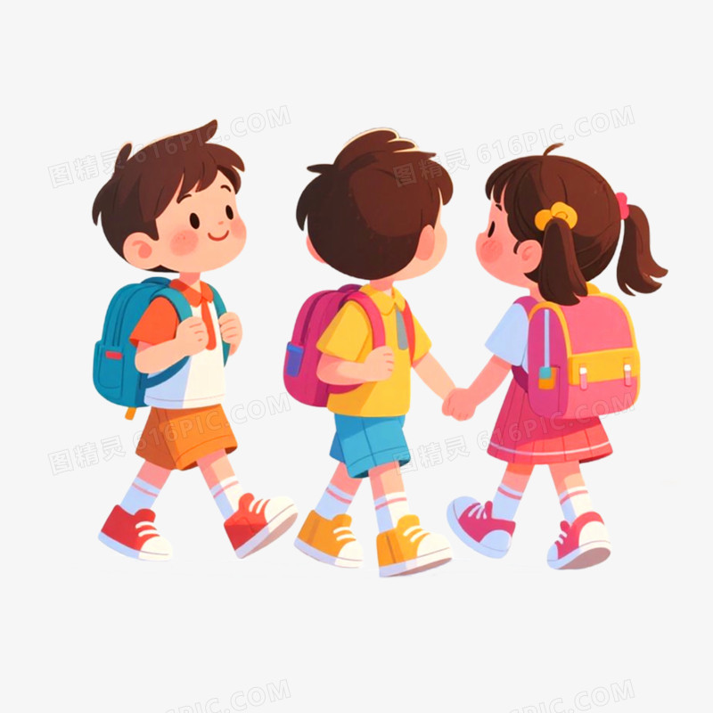 手绘插画小朋友上学打招呼免抠元素