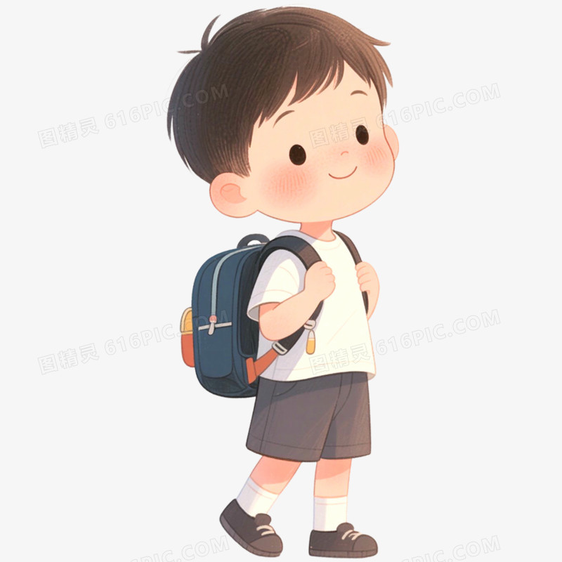 手绘插画小朋友背书包上学免抠元素