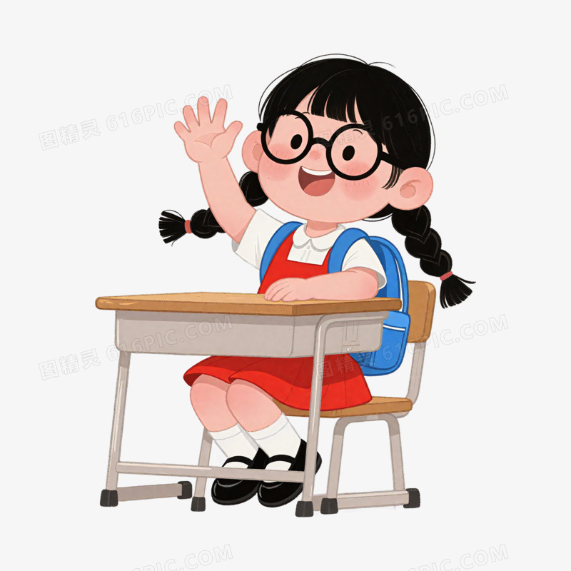 插画风开学打招呼的小女孩免抠元素