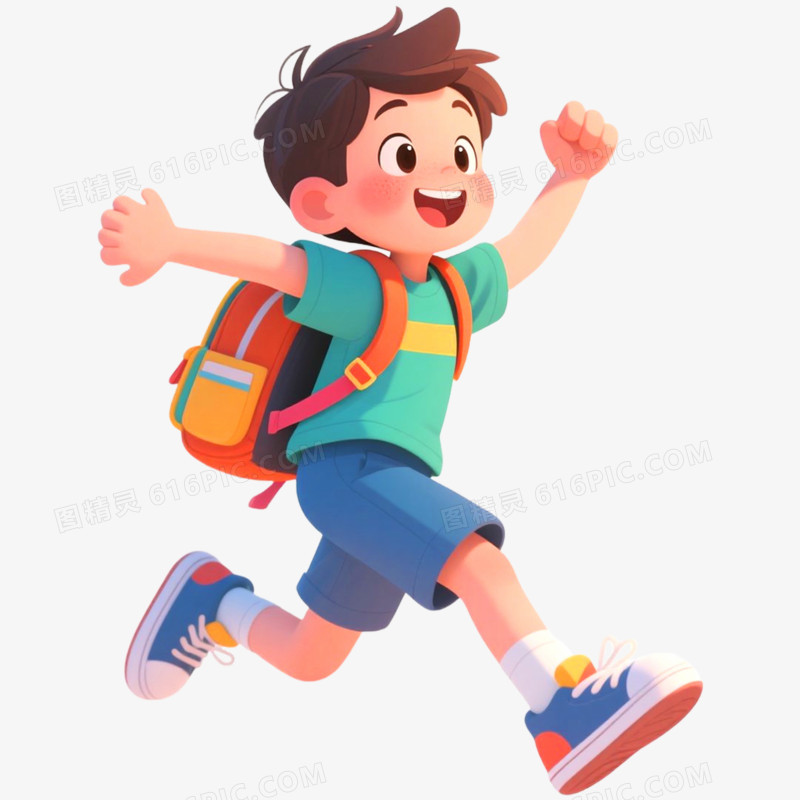 手绘插画小朋友背书包上学免抠元素