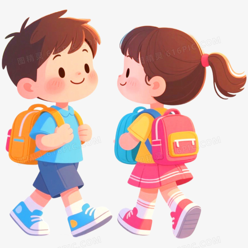 手绘插画小朋友上学打招呼免抠元素