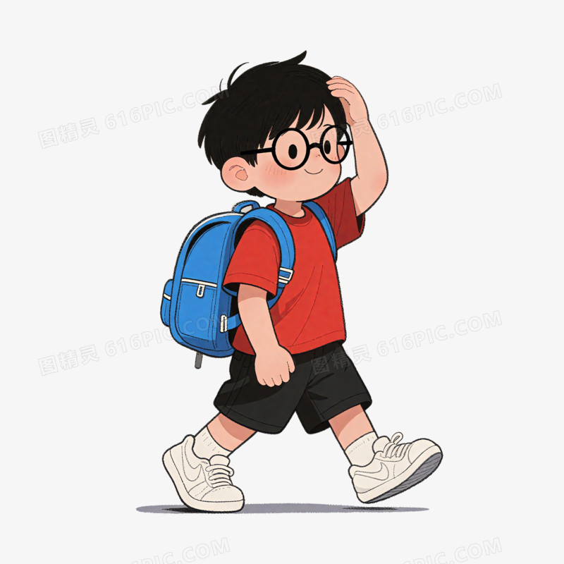 插画风背书包戴眼镜的小男孩免抠元素