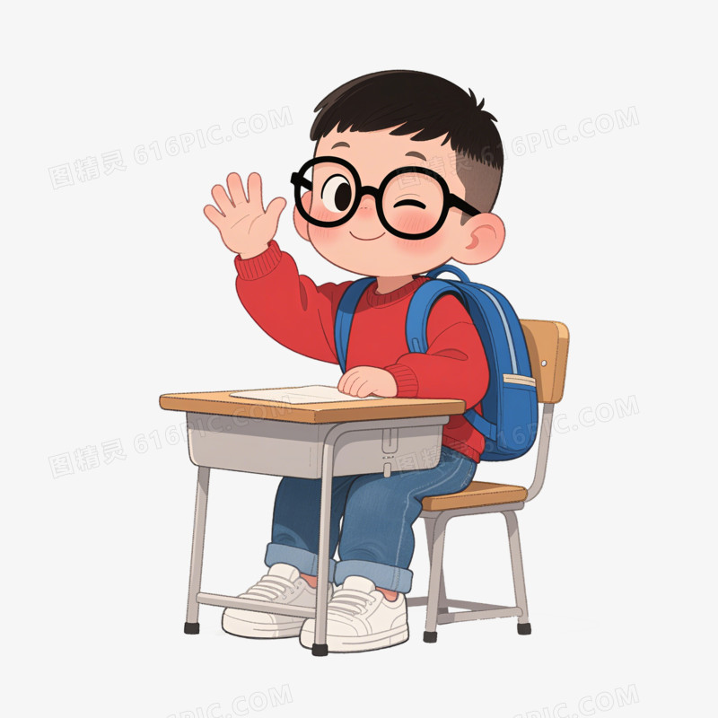 插画风开学打招呼的小男孩免抠元素