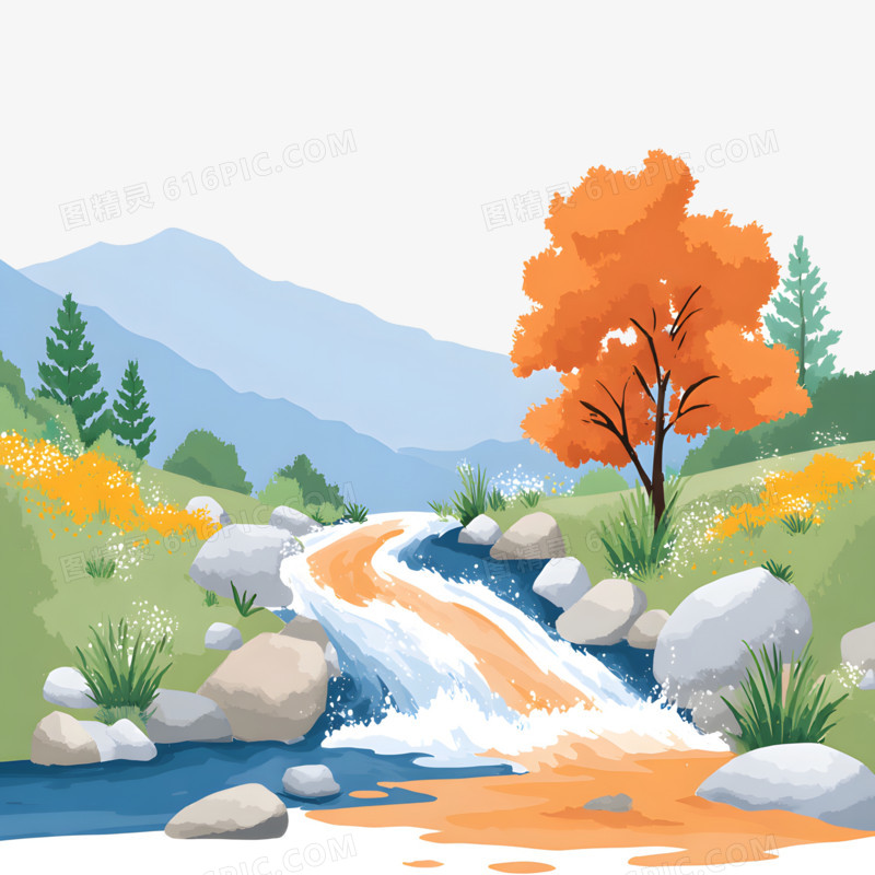 手绘卡通山洪泥石流免抠元素