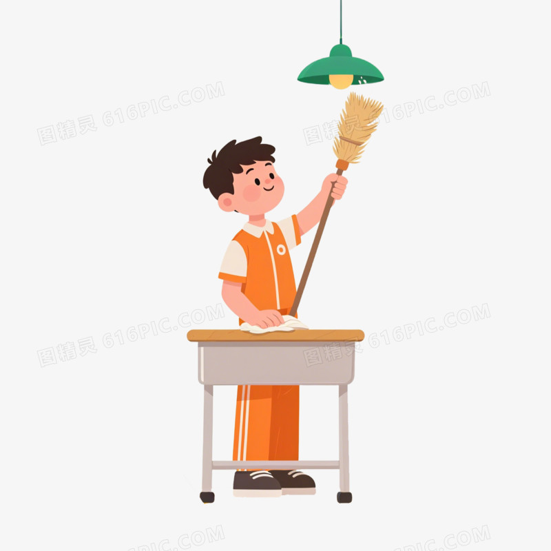 插画风正在扫灰的男学生