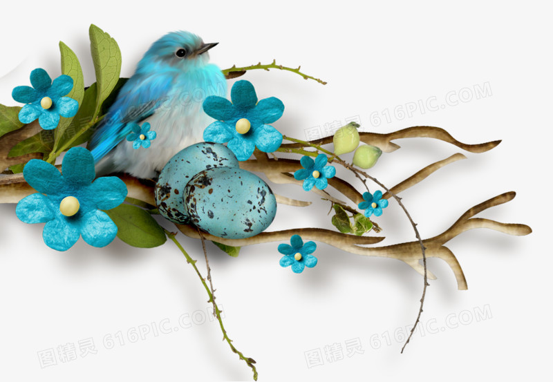 绿色树枝上的蓝色可爱小鸟