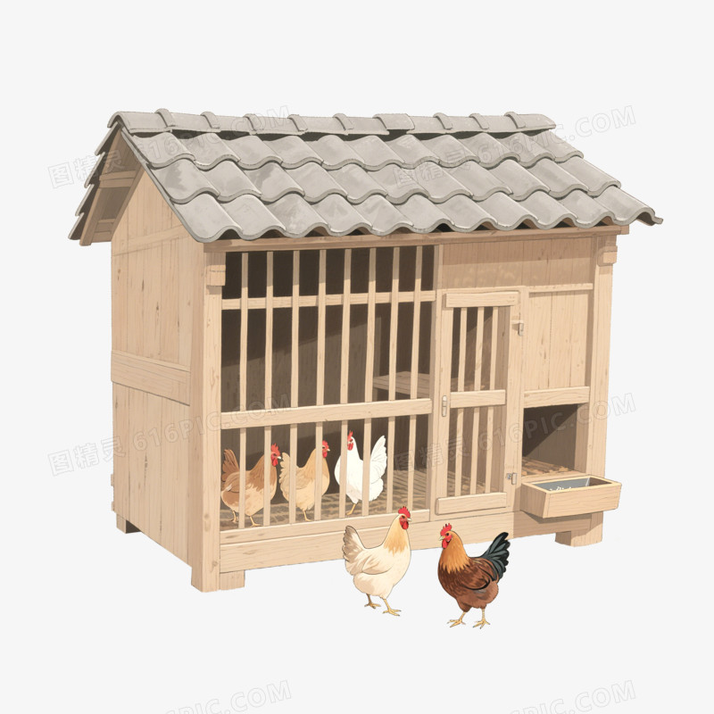 插画风鸡笼里的鸡免抠元素