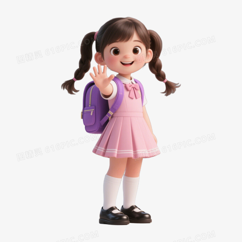 3D风格开学打招呼的小女孩免抠元素
