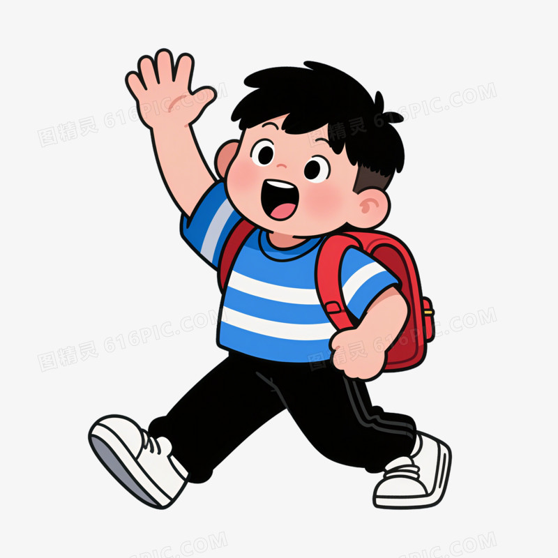 插画风开学打招呼的小男孩免抠元素