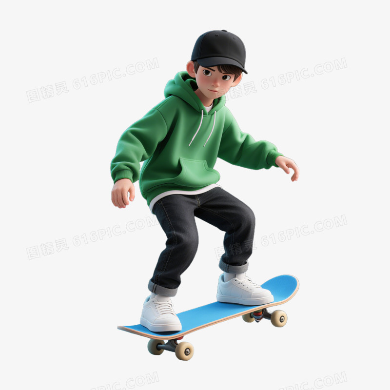 3D风格玩滑板的男孩免抠元素