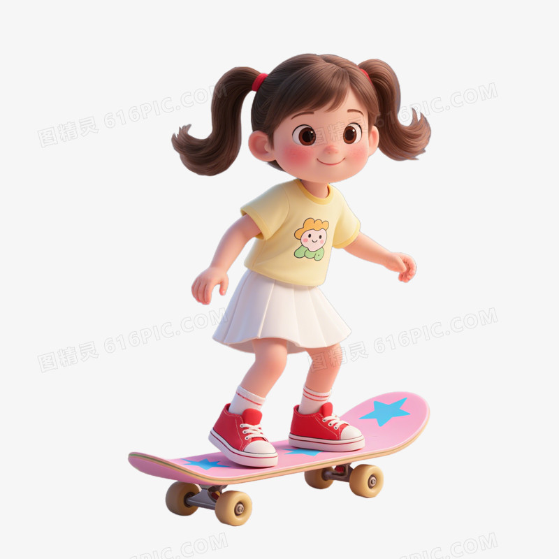 3D风格玩滑板的小女孩免抠元素