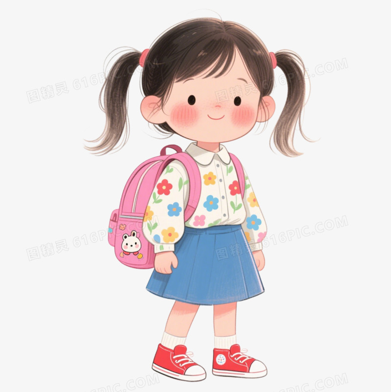 卡通背着书包的小女孩免抠元素