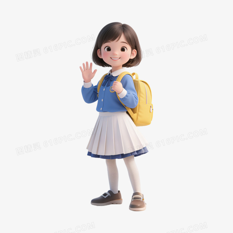 3D风格开学打招呼的小女孩免抠元素