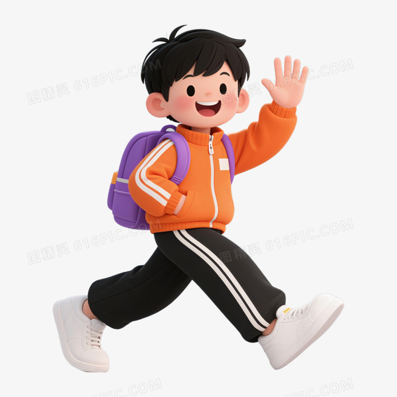 3D风格开学打招呼的小男孩免抠元素